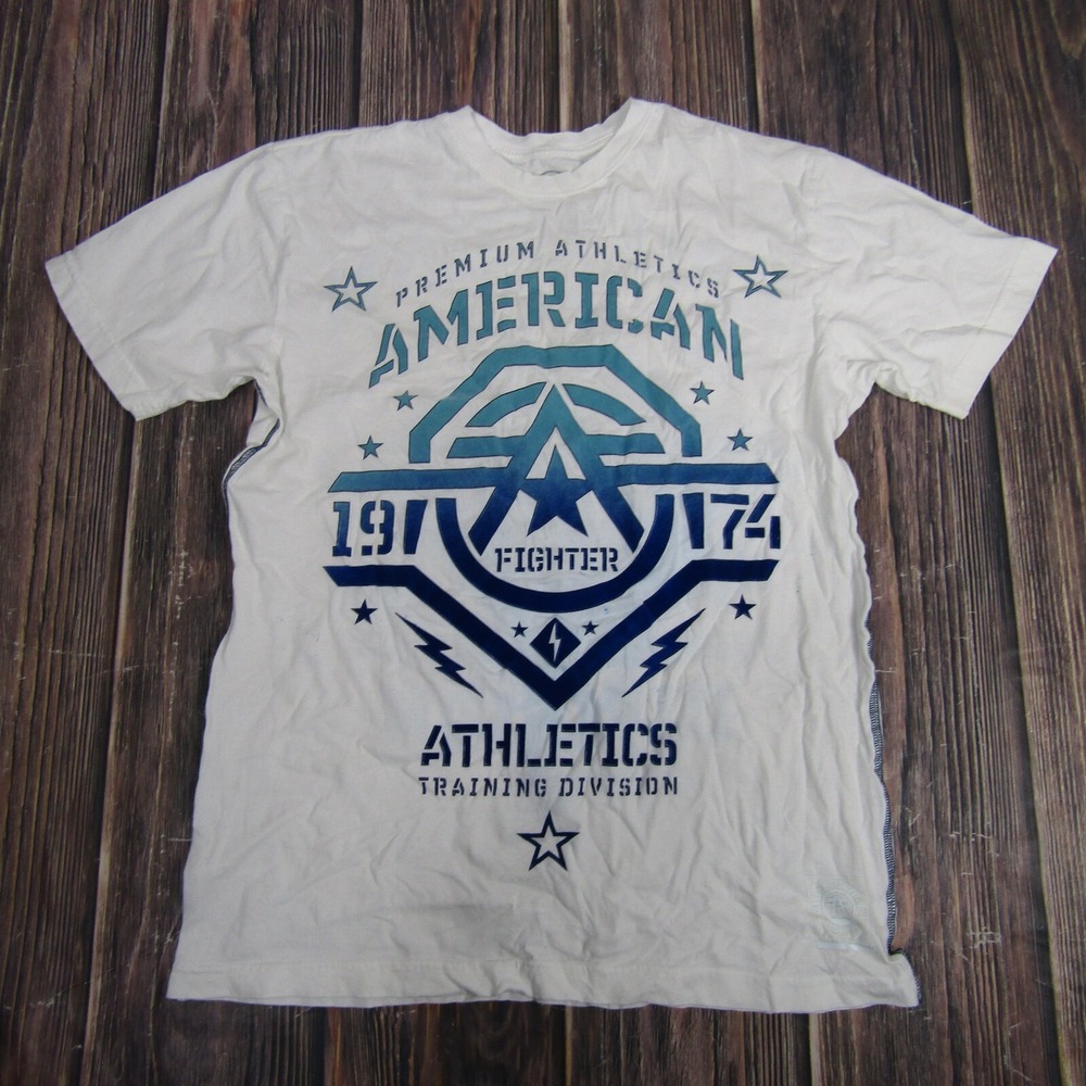American Fighter Mens Large White Blue Tee T Shirt UFC MMA Gym Workout‎